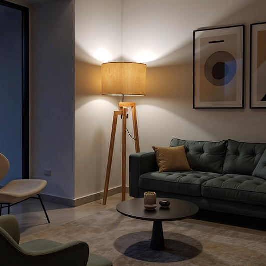 Beech wood floor lamp with beige fabric