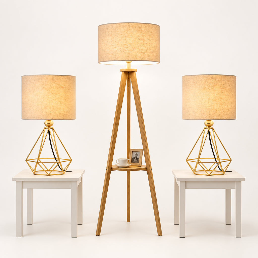 3-Piece Lighting Set – Tripod Floor Lamp & 2 Gold Geometric Table Lamps