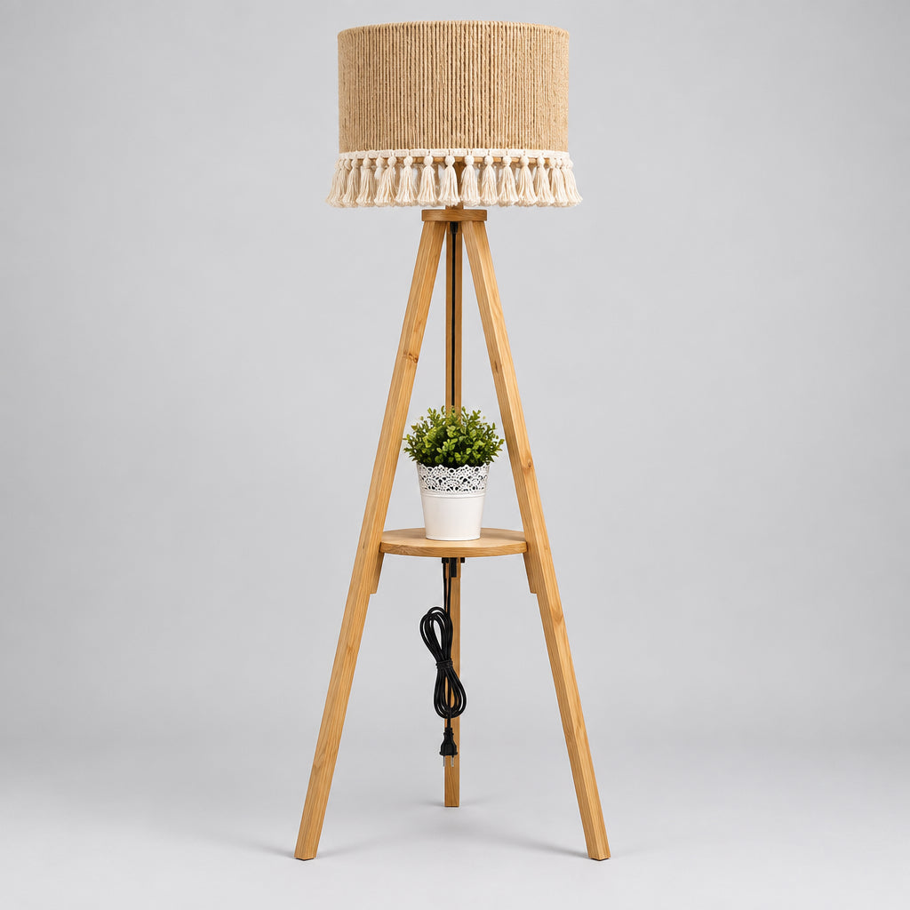 A floor lamp made of pine wood with a macrame shade.