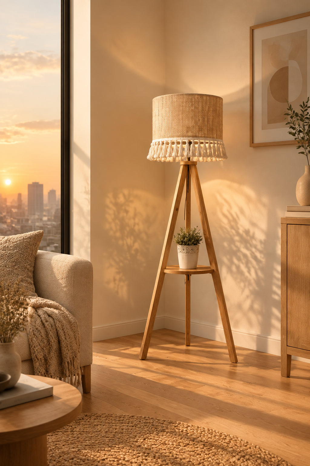 A floor lamp made of pine wood with a macrame shade.