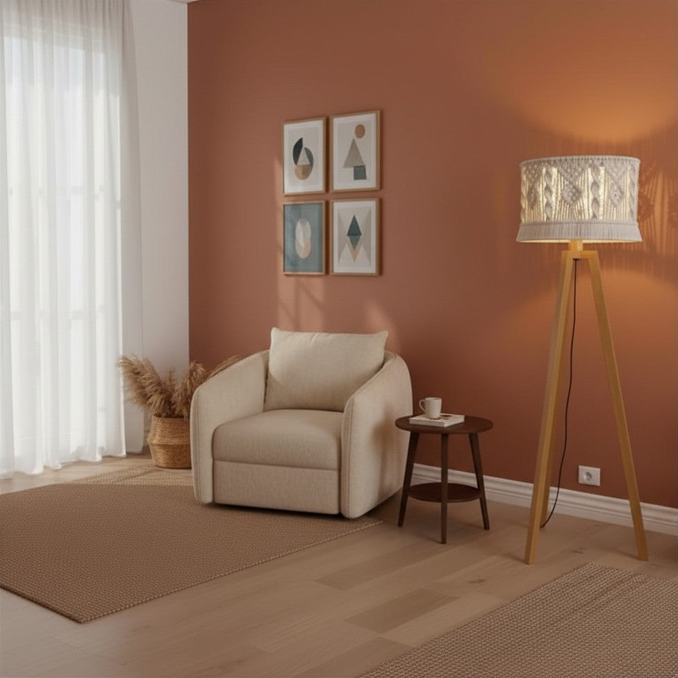 Beech wood floor lamp with beige fabric