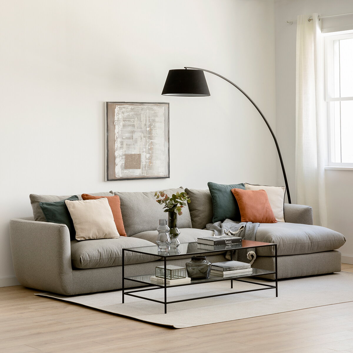 Two-piece corner sofa, beech wood and linen - gray