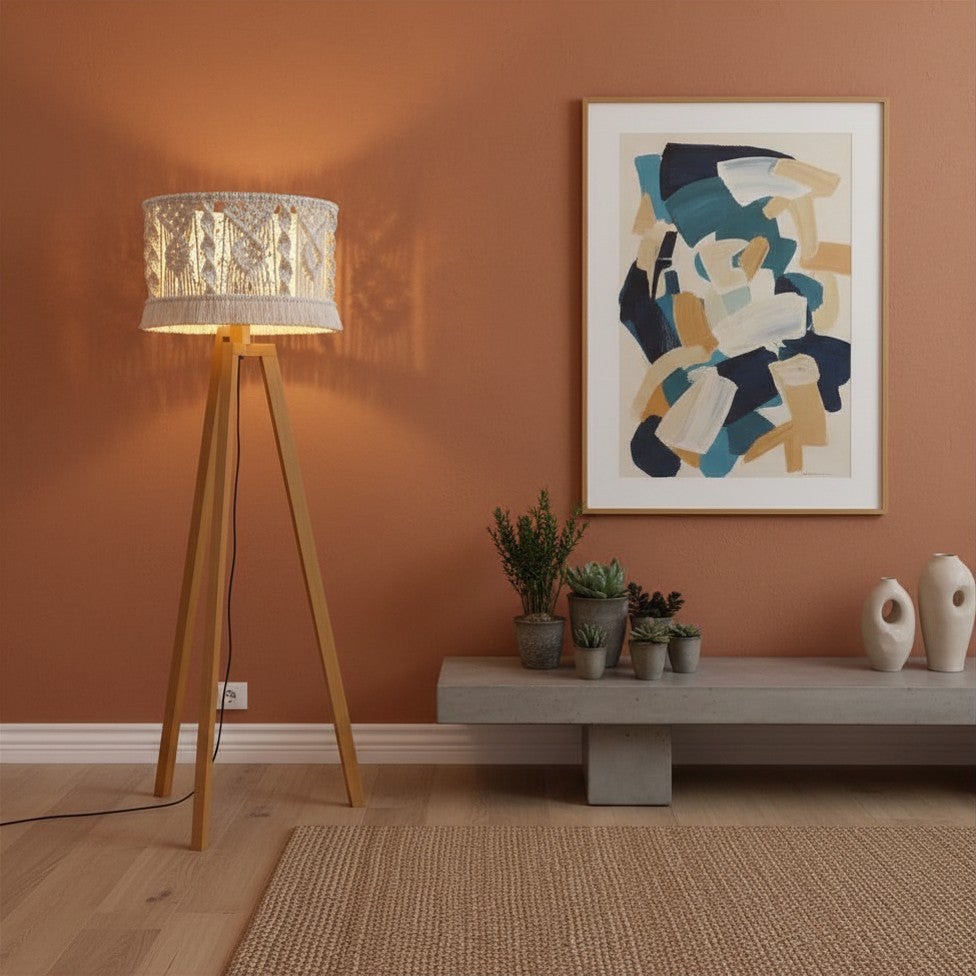 Beech wood floor lamp with beige fabric
