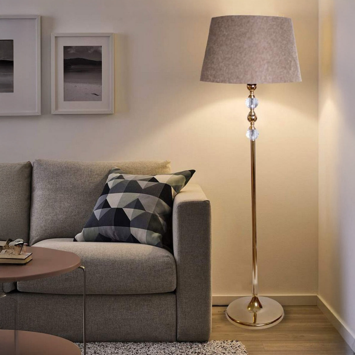 Iron and crystal floor lamp with gold and beige linen - 30x150 cm
