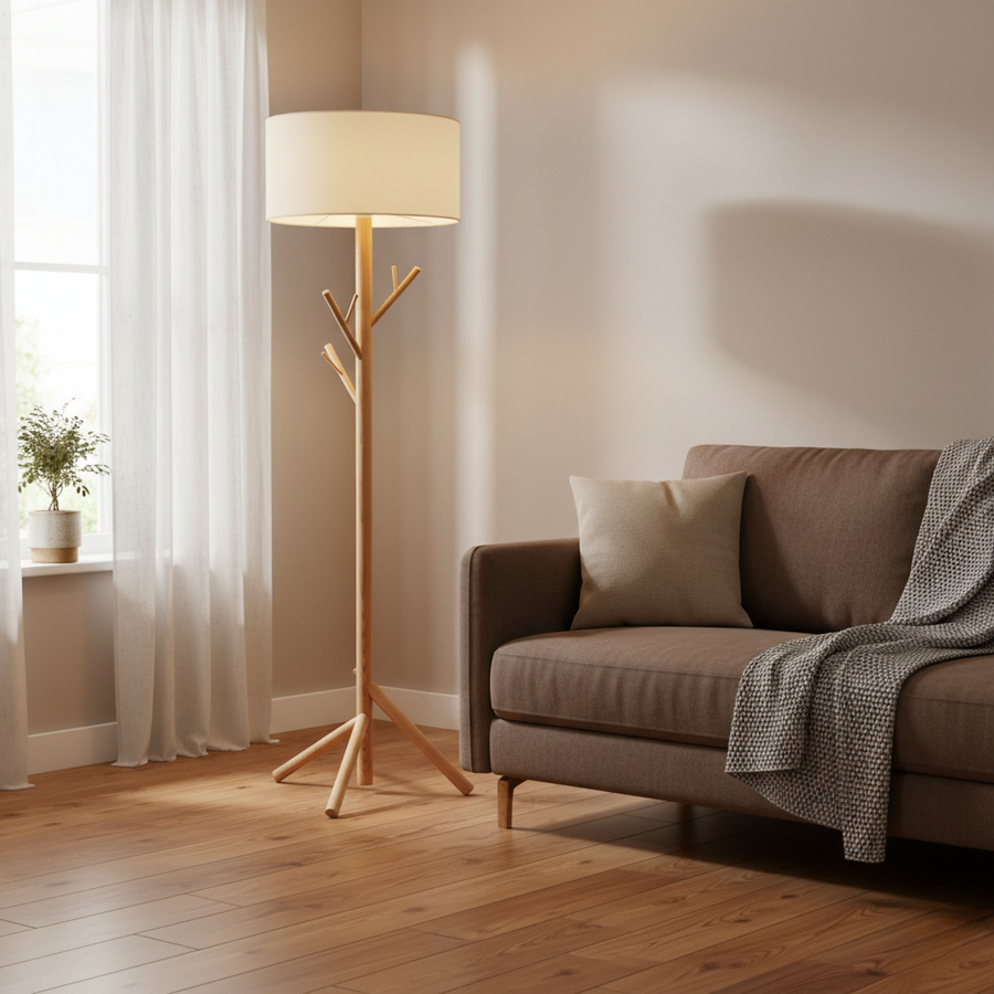 Beech wood and beige linen floor lamp - 40×40×150 cm