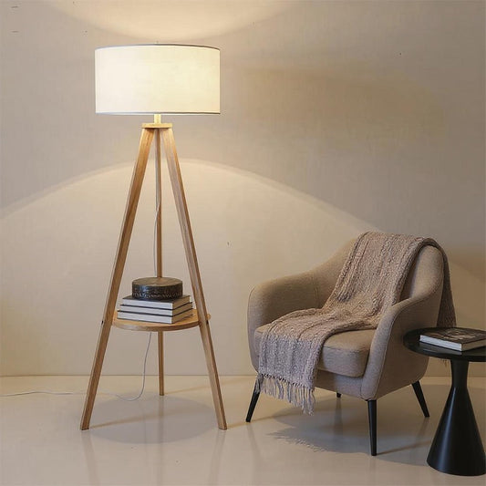 Beech Wood and Plastic Backed Fabric Floor Lamp White and Beige - 150x40x40 cm
