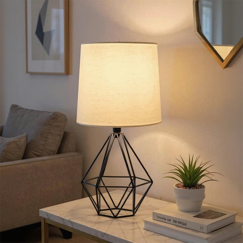 Black metal lamp with off-white linen