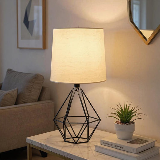 Black metal lamp with off-white linen