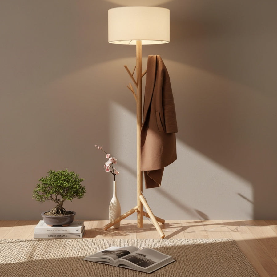 Beech wood and beige linen floor lamp - 40×40×150 cm
