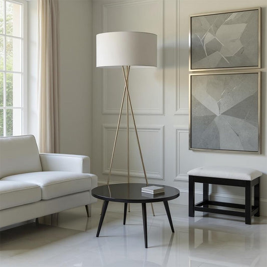 Fabric and iron floor lamp, gold color with off-white shade - 40×40×150 cm